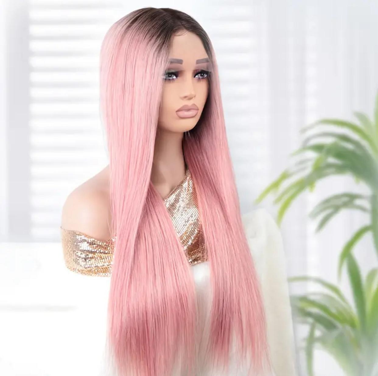 180% Density 13x5x1 T Part Pink Straight Human Hair Lace Front Wig with Dark Root, Pre Plucked Natural Hairline & Baby Hair