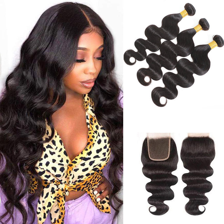 Natural Black Body Wave  Brazilian Human hair 3 PCs Bundles with 4x4 lace Closure (Free Part)