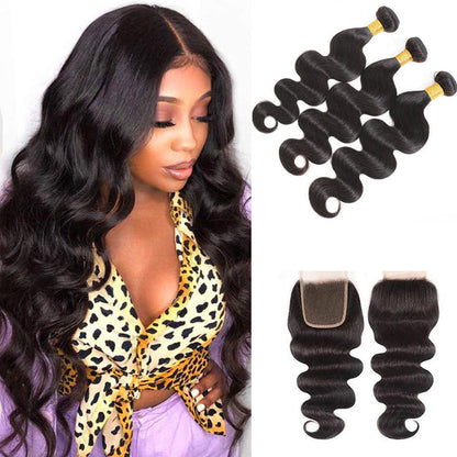 Natural Black Body Wave  Brazilian Human hair 3 PCs Bundles with 4x4 lace Closure (Free Part)