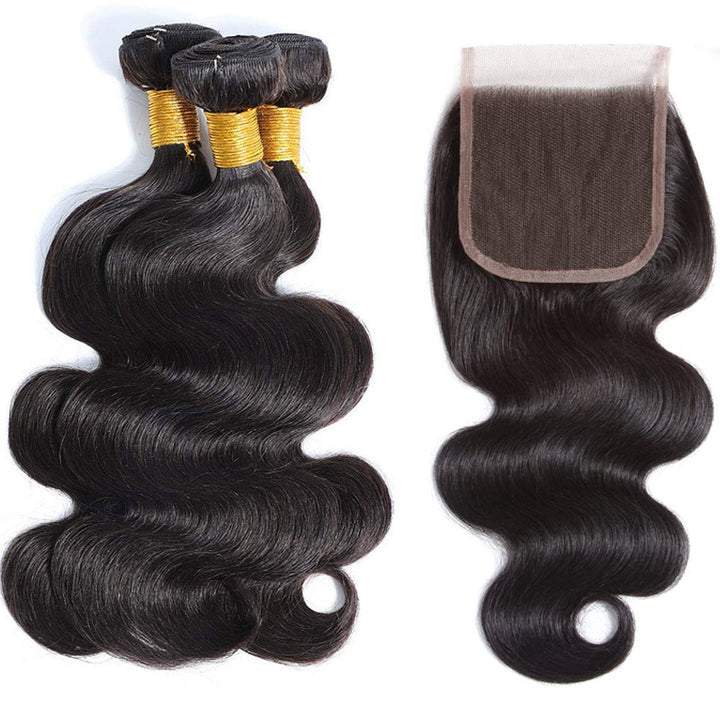 Natural Black Body Wave  Brazilian Human hair 3 PCs Bundles with 4x4 lace Closure (Free Part)