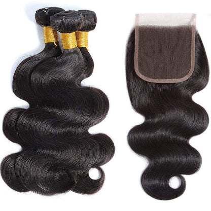 Natural Black Body Wave  Brazilian Human hair 3 PCs Bundles with 4x4 lace Closure (Free Part)